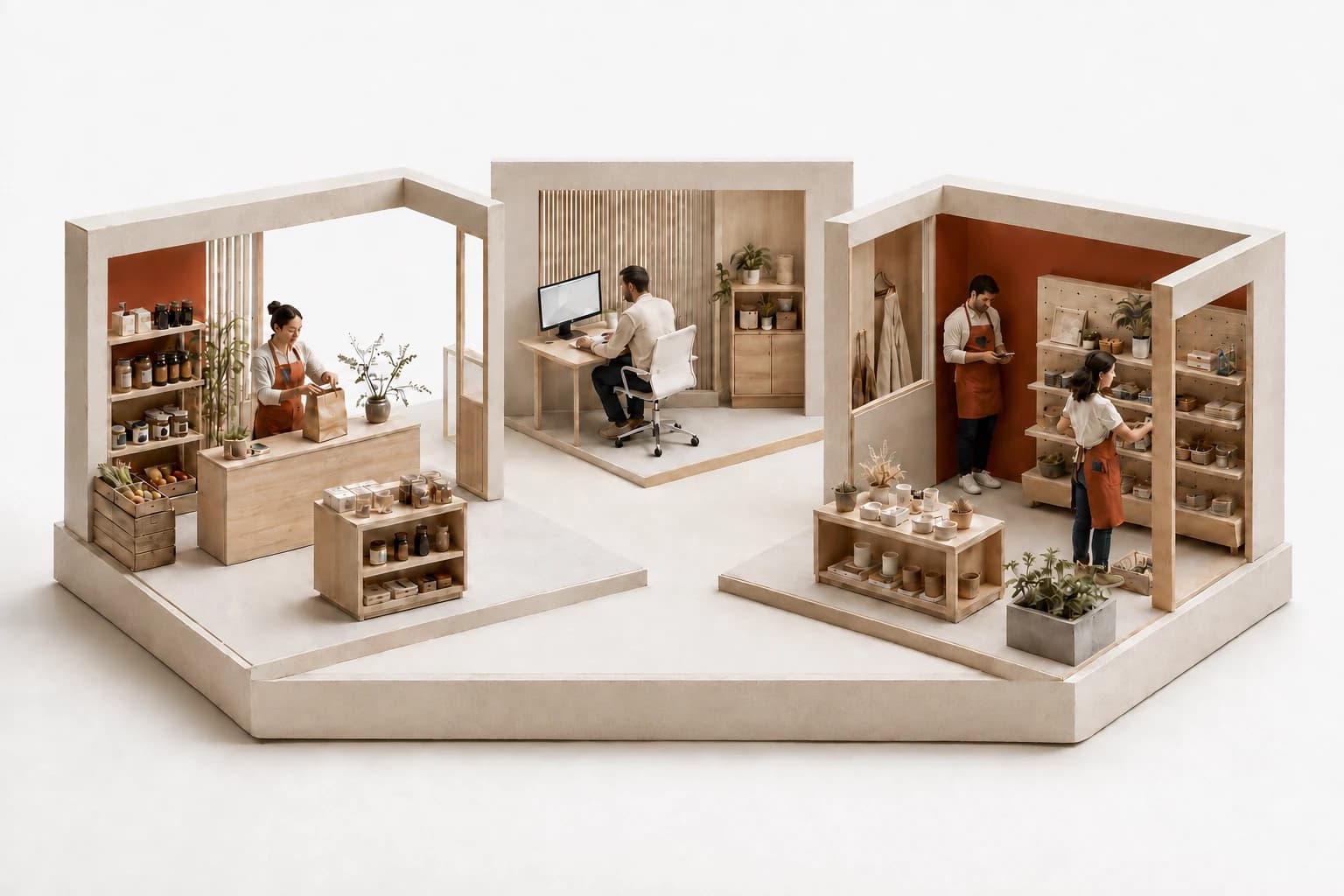 A miniature of two shops and a planning desk. Orange lines link the manager’s computer to one handheld phone and two employees’ pocket phones.