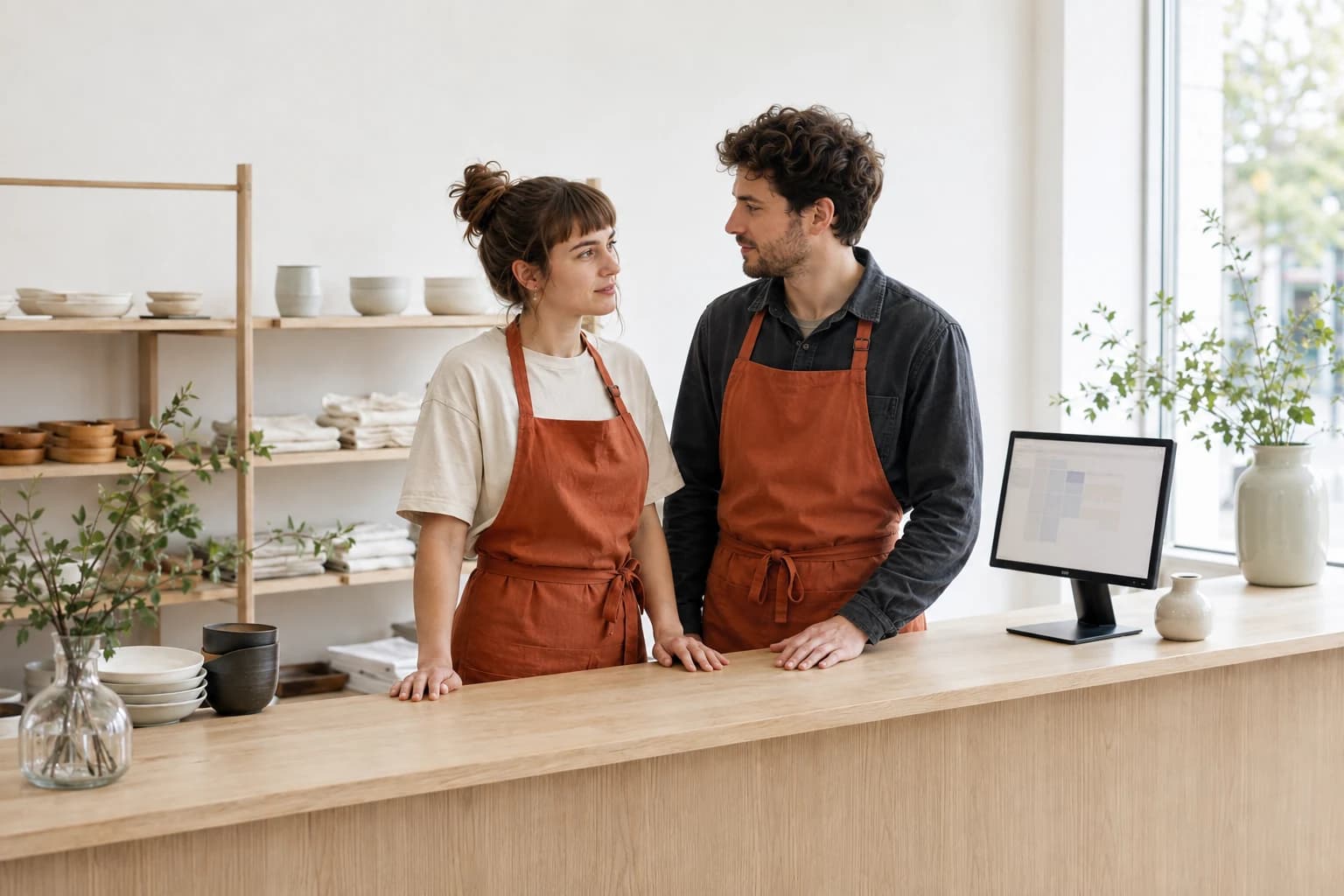 Two colleagues in aprons talk behind a shop counter beside a desktop computer.