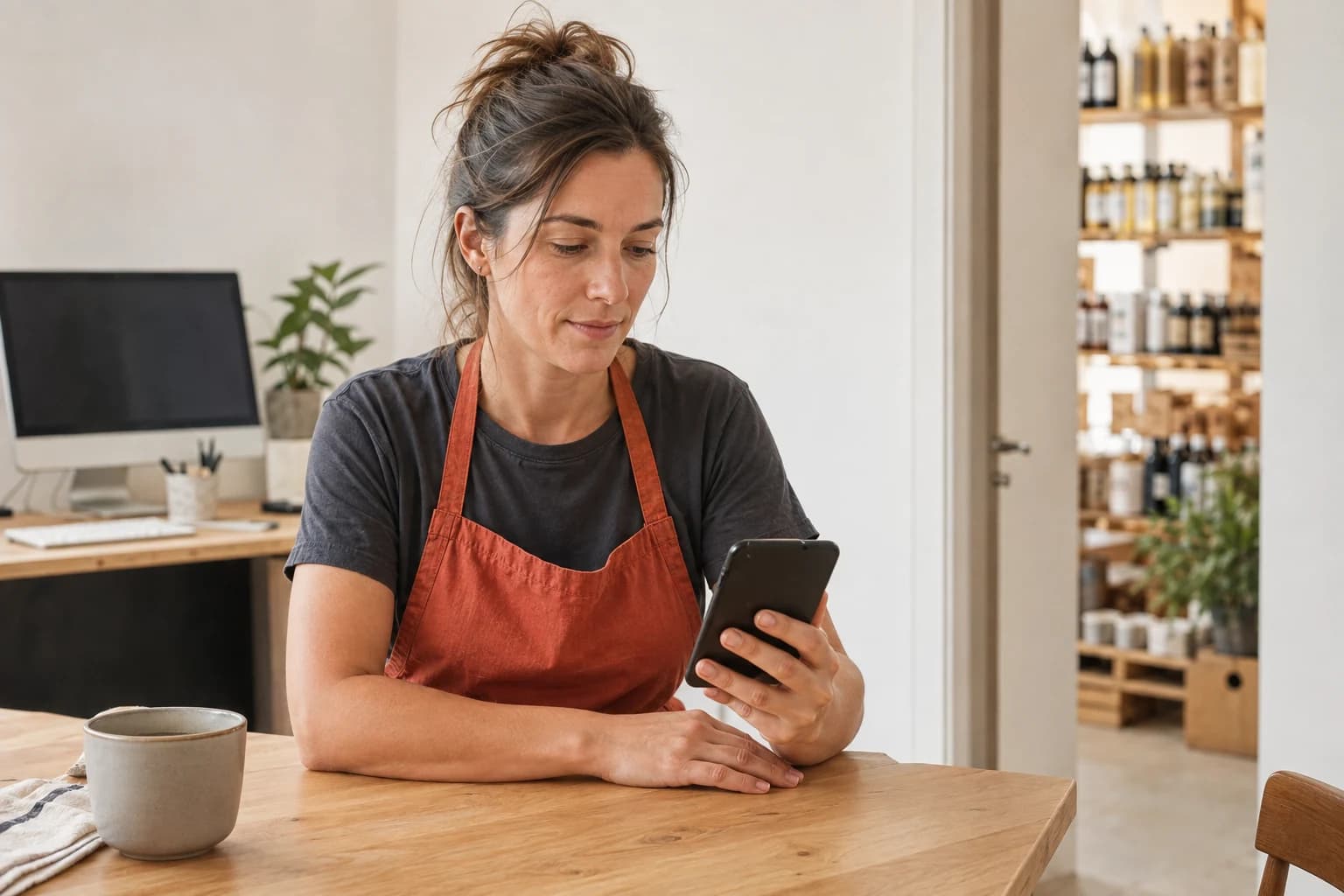 A shop employee checks her phone in a bright staff room.